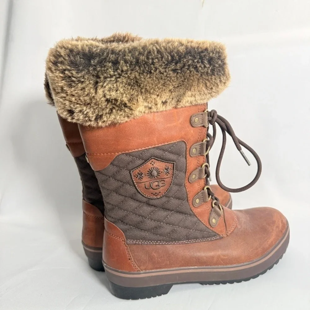 UGG Adirondack Tall Brown Leather Quilted Faux Fur Winter‎ Snow Boots Womens